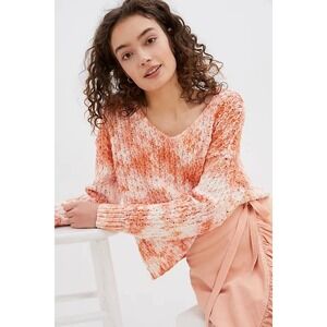 Pilcro Anthropologie Orange White Tie Dye V-Neck Cotton Knit Sweater Medium Boho